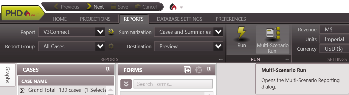 This PHDwin V3 Ribbon shows support for Multi-scenario run feature