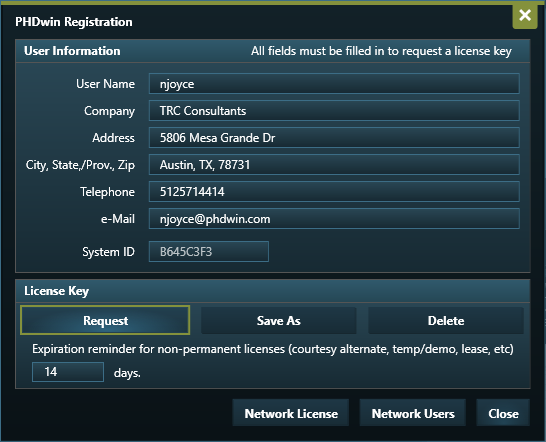 PHDwin V3 Open menu request license menu