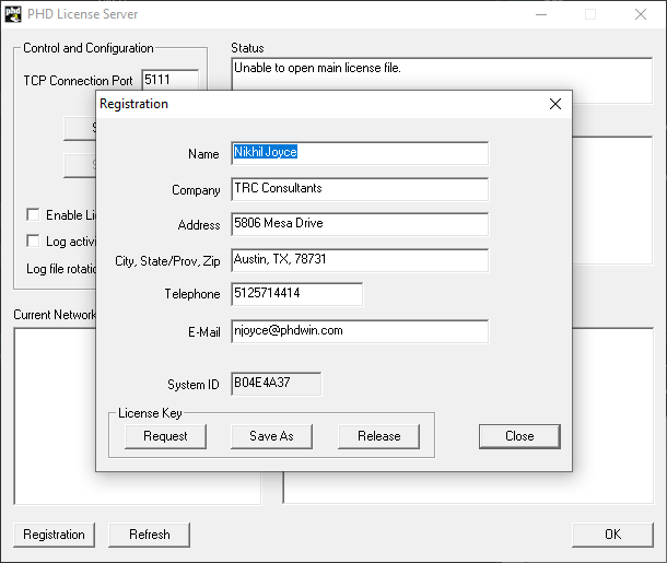 PHD License Server Registration window