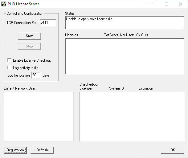 PHD License Server Registration Window
