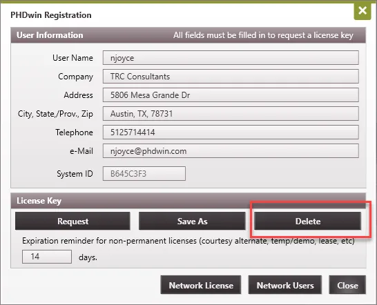 PHDwin Registration Window with Delete button highlighte