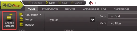 PHDwin Main Home Ribbon with Change Database Selected